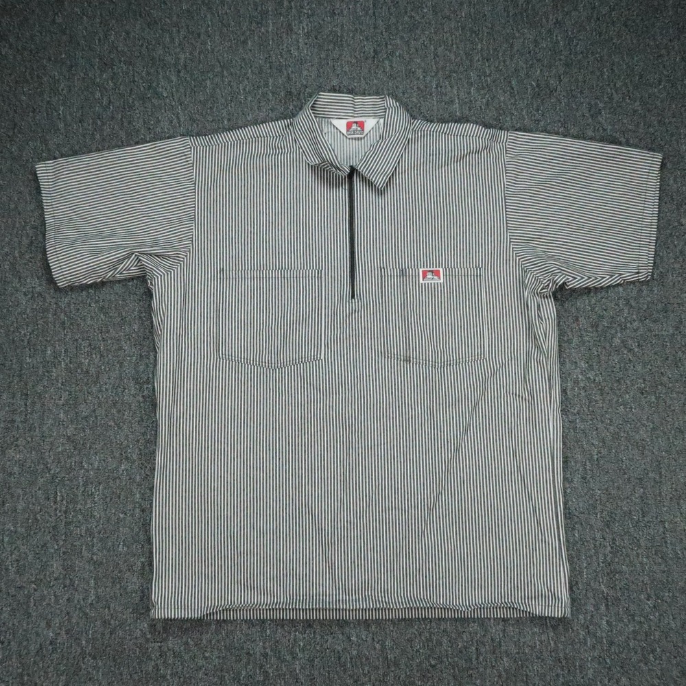 Ben Davis Shirt Men Large Gray White Striped Half Zip Short Sleeve Work Mechanic